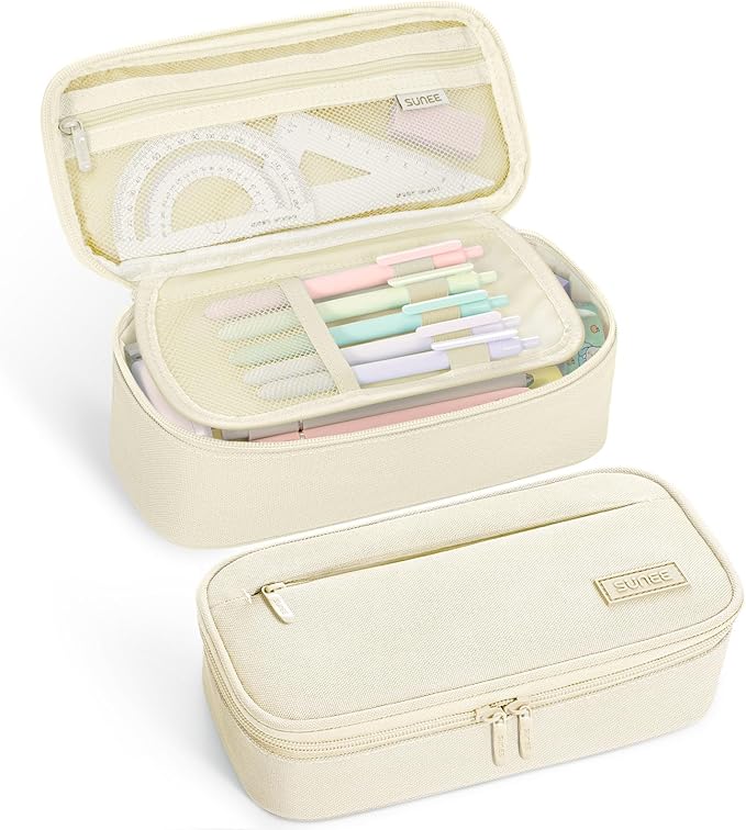 SUNEE Cute Pencil Case, Large Capacity Pencil Pouch, Big Storage Organizer for Stationery, Zipper Pen Bag, Back to School Supplies, Office Organizer Makeup Bag, for Teen Girl Boy Men Women, Beige