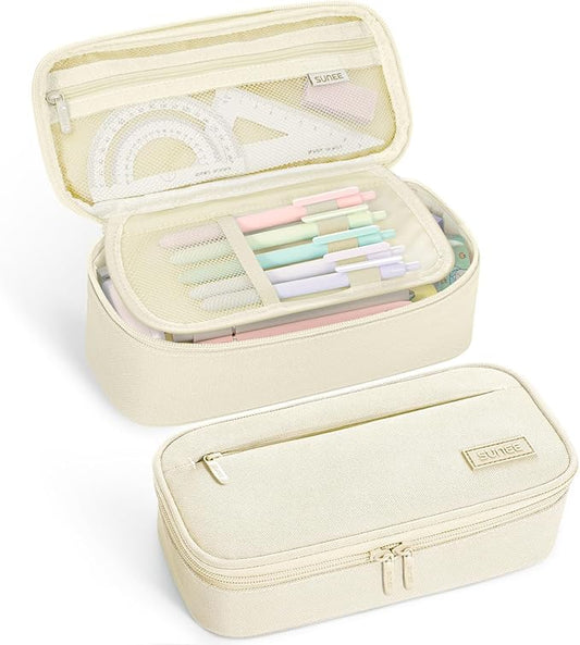 SUNEE Cute Pencil Case, Large Capacity Pencil Pouch, Big Storage Organizer for Stationery, Zipper Pen Bag, Back to School Supplies, Office Organizer Makeup Bag, for Teen Girl Boy Men Women, Beige