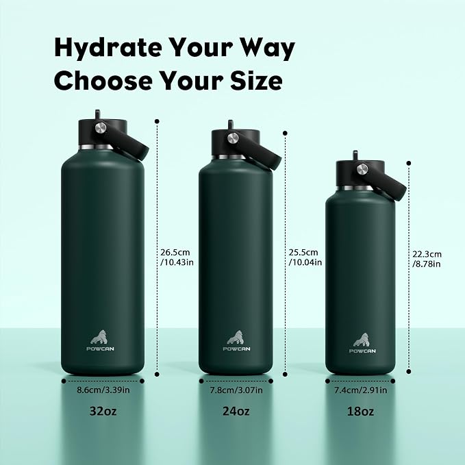 POWCAN 24 oz Water Bottle Insulated: BPA-Free, Leakproof Lid with Straw, Lightweight, Flex Cap, Stainless Steel Water Bottle for Sport, Hikig, Office, Commute, Worker, Walking, Cycling (Fir Green)