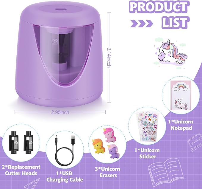 Electric Pencil Sharpeners for Kids, Cute Small Colored Pencil Sharpener for Home Classroom, Pencil Sharpener Electric Plug in, with Unicorn School Supplies,Purple