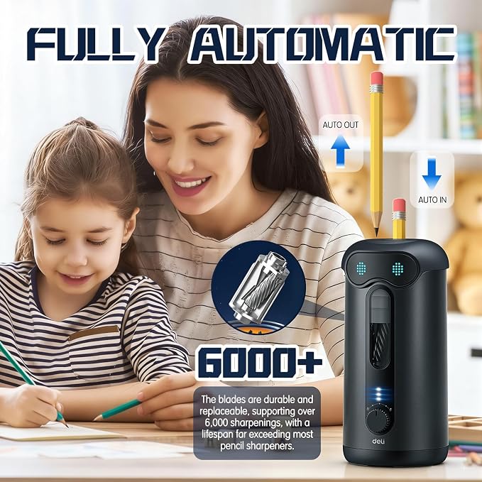 deli Electric Pencil Sharpener, Fully Automatic Pencil Sharpener, Black