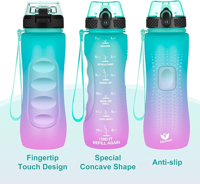 24 OZ Motivational Kids Water Bottle With Time Marker,Straw Lid,Leak Proof, Tritan BPA Free Sports Water Bottle Green-Purple(1 Lid)