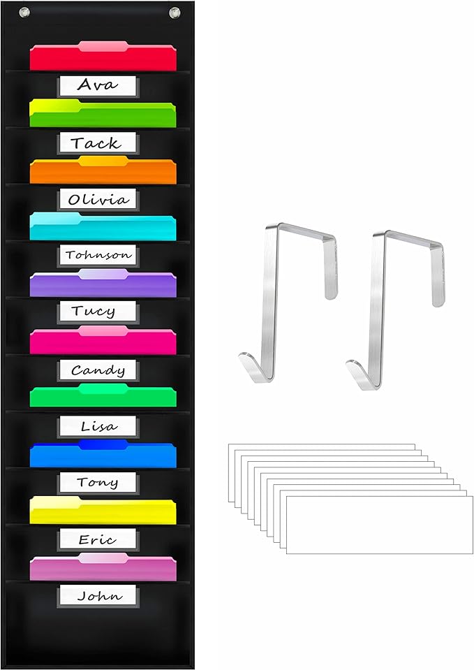 Vantasii Organization Pocket Chart with 10 Pockets, Hanging Wall File Organizer, 2 Over Door Metal Hangers Included, 10 Dry-Erase White Labels,Organize Your Assignments, Files (Black, 14” x 47”)