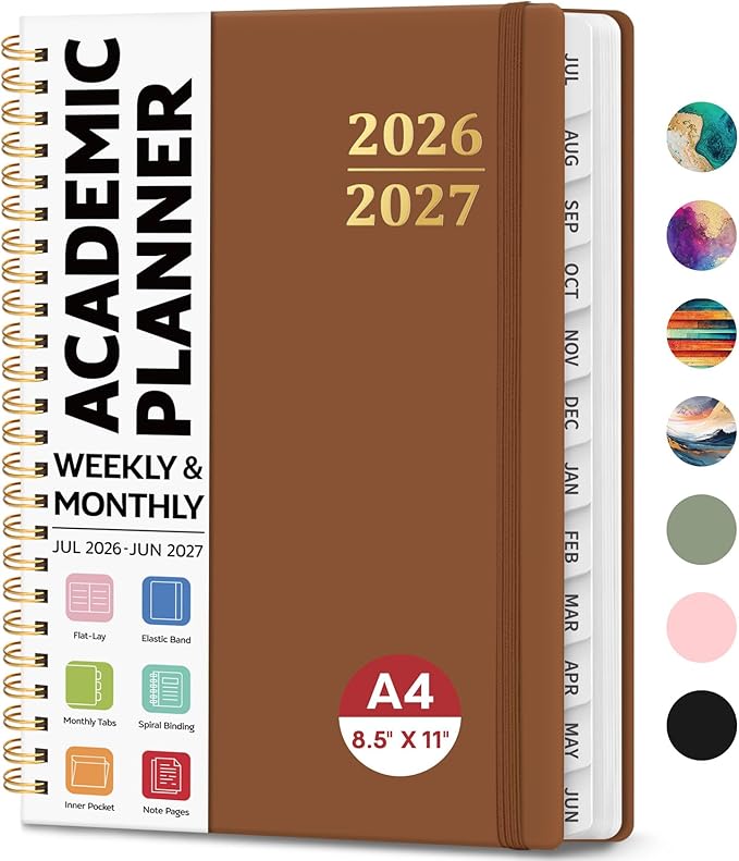 8.5" x 11" Academic Planner 2026-2027, Weekly & Monthly Calendar Planner Book, July 2026 – June 2027, Large Hardcover Organizer with Tabs, Perfect for Teachers, Students, Women & Men – A4, Brown