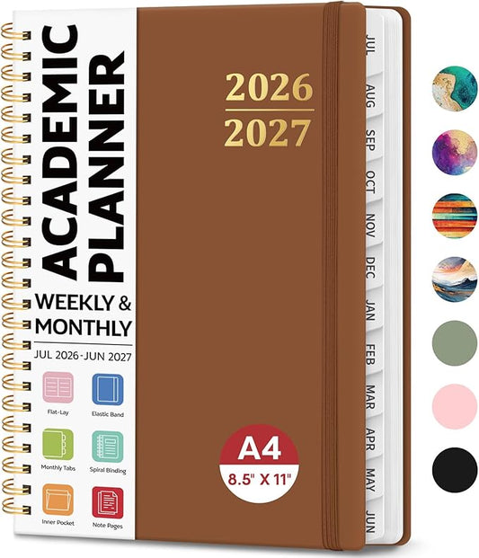 8.5" x 11" Academic Planner 2026-2027, Weekly & Monthly Calendar Planner Book, July 2026 – June 2027, Large Hardcover Organizer with Tabs, Perfect for Teachers, Students, Women & Men – A4, Brown