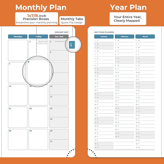 Planner 2026-2027 Daily Weekly and Monthly,6.5"x3.75",18 Months Spiral Bound Calendar Agenda with Self-adhesive Pen Holder,2026 Academic Plan with Vegan Leather Soft Cover,Orange
