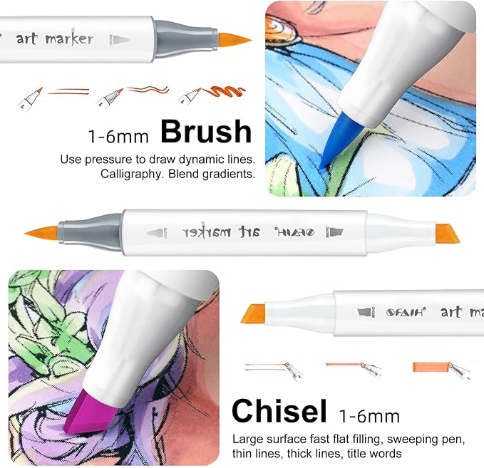 SFAIH Alcohol Markers Brush Tip & Chisel Tip - 72 Colors Double Tipped Art Markers for Adult Coloring Books Illustration, Gifts for Artist Adult - Refillable Alcohol-based Ink