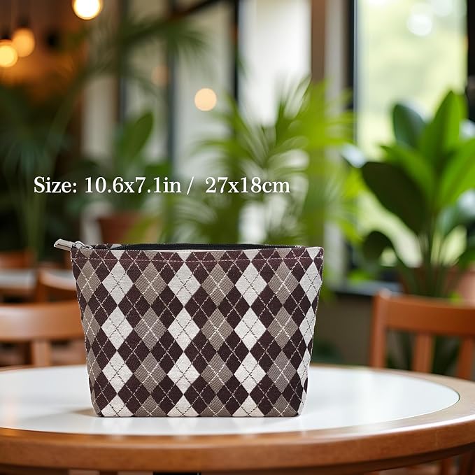 STARDW Checkered Makeup Bag Cosmetic Travel Bag, Toiletry Bag for Women | Canvas Lined Makeup Pouch for Skincare, Brushes, Toiletries & Travel Essentials, Cute Purse Organizer Pouches with Zipper