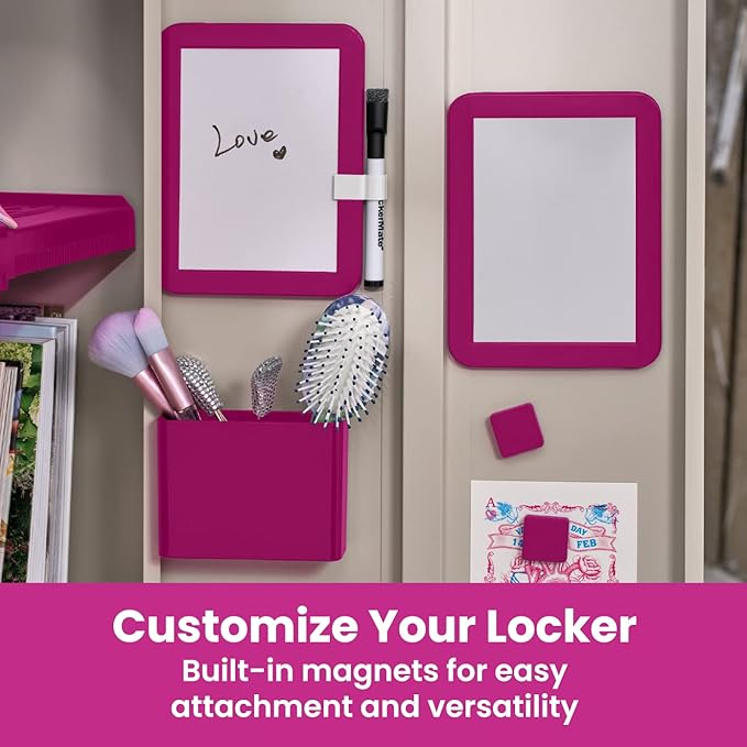 LockerMate 6-Piece Locker Organizer Kit, Includes Mirror, Whiteboard, Storage Cup & Dry Erase Marker, Pink