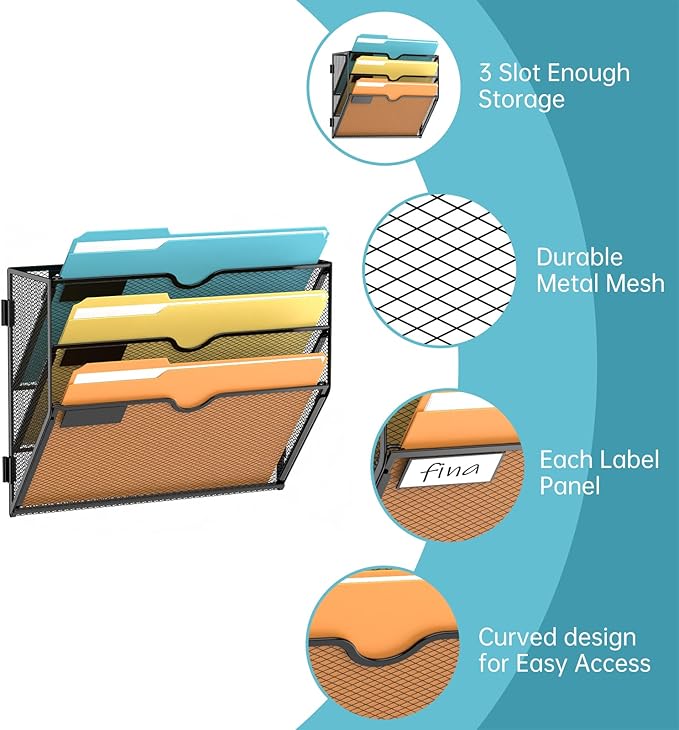 SUPEASY 3 Tier Wall File Organizer, Hanging Wall Mounted Mail Organizer with Label Slots, Metal Mesh File Holder Magazine Rack for Office, Home, School or Classroom, Black