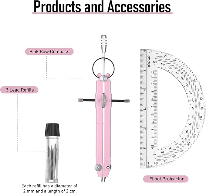EBOOT Student Geometry Math Set, Metal Drawing Compass and 6 Inch Clear Swing Arm Protractors 180 Degree Math Protractor(Pink)