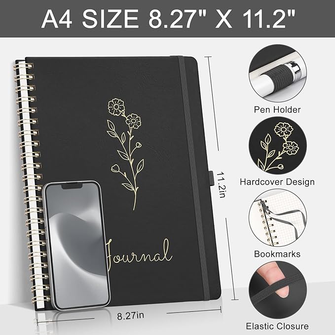 EMSHOI Spiral Graph Notebook, 110 Pages, A4 Large 8.27"x11.2", 100 GSM Thick Paper, PU Leather Hardcover Journal, 5mm Grid Notebook for Work School Math Engineering Writing Graphing, Black