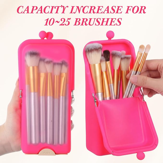 Kacctyen Makeup Brush Case Silicone Standing Makeup Brush Holder,Hot Pink | Silicone Make up Travel Bag with Suction Portable Cosmetic Organizer Phone Stand Pouch for Travel Home Back to School Use