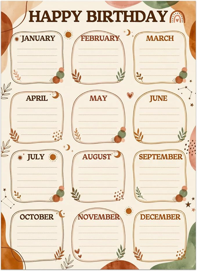 FaCraft Boho Birthday Chart for Classroom - Reusable Happy Birthday Poster Calendar Laminated Class Birth day Chart Classroom Bulletin Board Decorations Back to School Teacher Supplies Wall Decor
