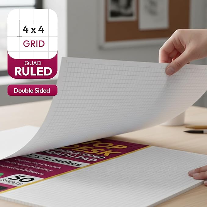 Large 17x11 Graph Paper Desk Pad, 4 Pack 200 Sheets, Double-Sided 1/4 Inch Quadrille Grid 80 GSM Ledger Paper for Team Drafting, Architecture and Engineering