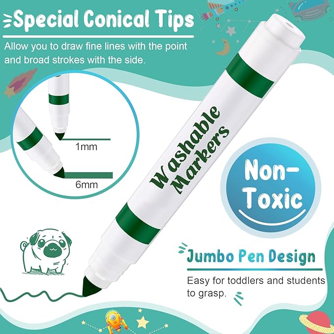 60 Pcs green Washable Markers Bulk Coloring Broad Line Markers for Kids Conical Tip green drawing pens for Classroom Back to School travel Art baby shower gender reveal Supplies, Ages 6+