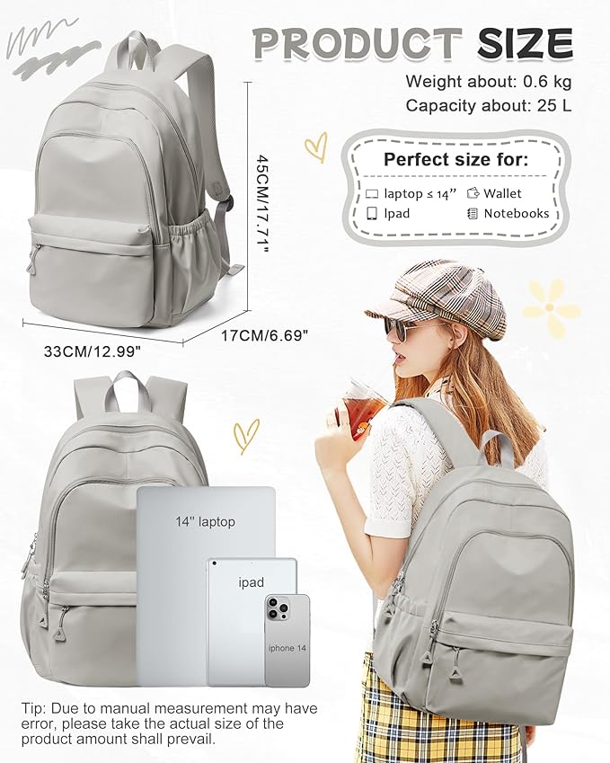 Small Grey Backpack for School Women Girls, Waterproof Bookbag Cute High School Backpack for Men Teen Boys, Lightweight Travel College Back Pack Mochilas Escolares para Casual Daypack