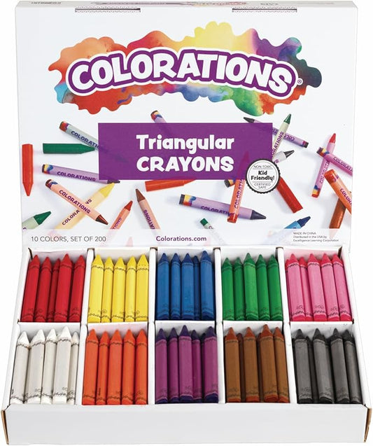 Colorations Large Triangular Crayon Classroom Pack, 16 Colors, 20 of Each, Set of 200, Shape is Easier to Hold & Grip, Glide Easily, Kids School Supplies