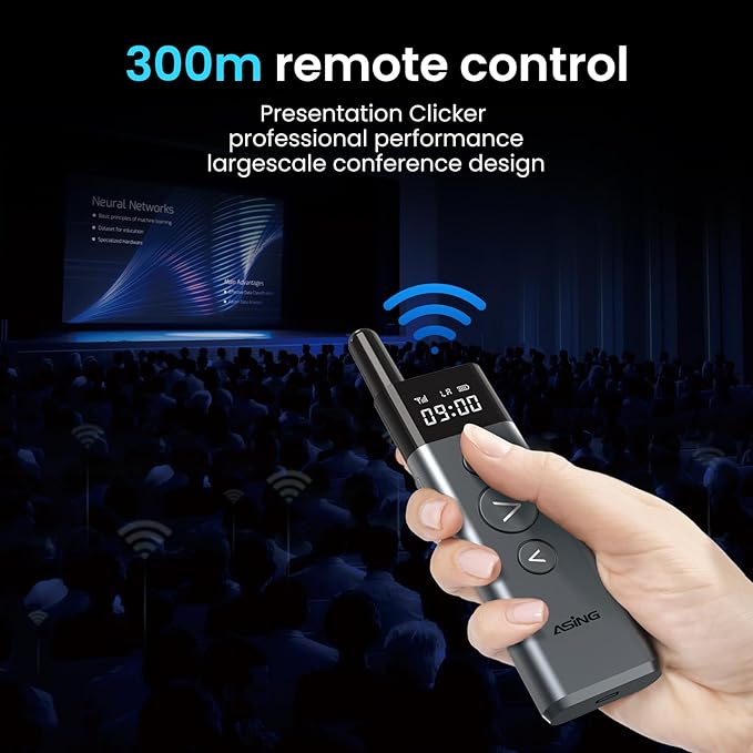 ASING Up to 980ft Long Range Wireless Presentation Remote, PowerPoint Clicker with Air Mouse, Volume Control, Spotlight and Magnifier Feature, Plug & Play for Windows/Mac,Ipad,Laptop & Keynote etc.