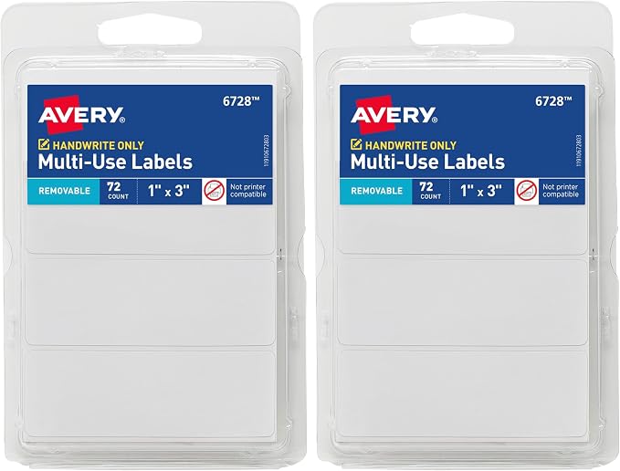 Avery Multi-Use Removable Labels, 1" x 3", White, Non-Printable, 72 Blank Labels Total (6728) (Pack of 2)