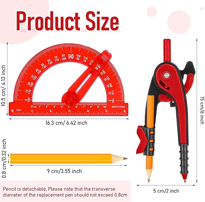 Zonon 2 Pcs Student Protractor and Compass, Student Geometry Math Set Drawing Compass and 180 Degree 6 Inch Protractor with Swing Arm for Drawing Measuring School Office (Red)