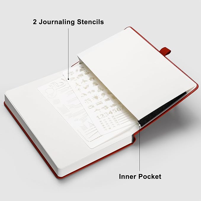 RETTACY Dotted Journal Notebook, 256 Pages, A5 Medium Size (5.7'' × 8.3''), Leather Hardcover, 120 GSM Thick Paper, for Journaling, Planning, Tracking (Red)