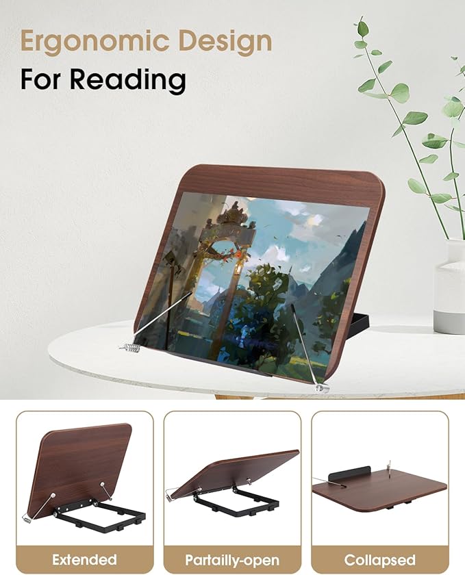 Honagu Desk Book Stand, Reading Rest Holder, Angle Adjustable for Textbooks, Documents, Cookbooks, Music Books, Tablets, Recipes (Brown Wood)