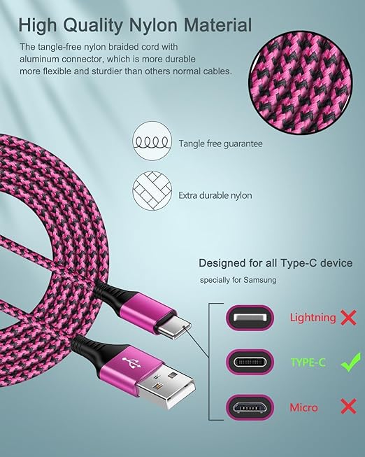 [4Pack/6FT] USB Type C to USB A Cable, 3A Fast Charging Long Android USBC Phone Power Charger Braided Cord for Samsung Galaxy Charger Droid iPhone 17e 17 16e 16 15 Pro Max Moto Android Type-C Cable
