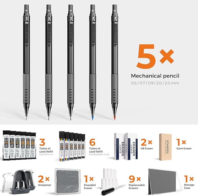 STAGEEK 25PCS Art Mechanical Pencil Set, 3PCS Metal lead pencil 0.5, 0.7, 0.9, 2PCS 2mm Drawing Pencil (HB 2H 2B 4B Color) with 392PCS Graphite Leads, Eraser with Case for Drafting Drawing Writing