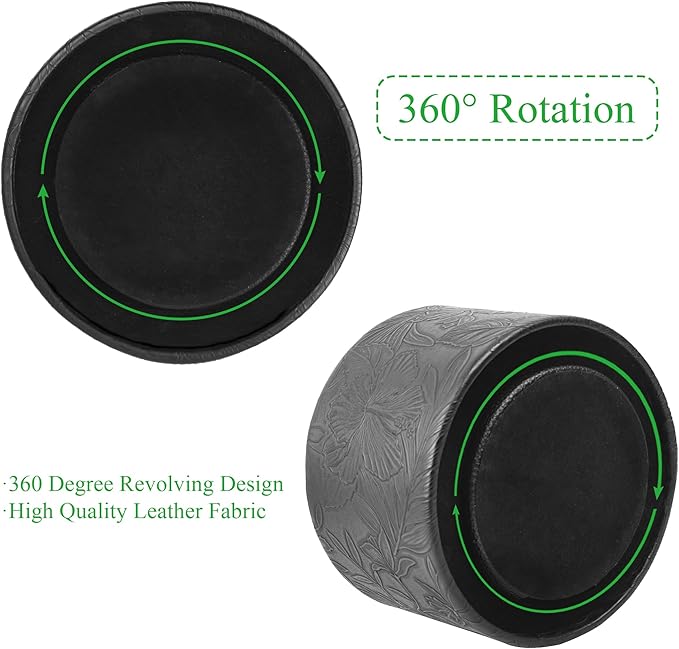 Round Leather Art Supply Organizer,Remote Control Holder,360 Degree Spinning,Multi-Functional Pencil Holder,4 Compartments Desktop Stationary Organizer(1-Carved Black)