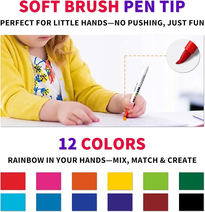 Brush Tip Dry Erase Markers for Kids, 12 Colored Non-Toxic Whiteboard Markers, Low-Odor White board Markers Set for Classroom, Home & School Art Supplies (12 Pack)
