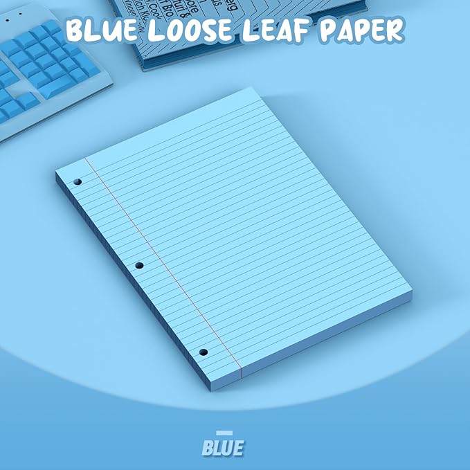 Blue Loose Leaf Paper 8 x 10.5, 120 Sheets Lined Paper College Ruled Paper, 3 Hole Punched Notebook Paper College Ruled, 3 Ring Binder Paper 8 x 10.5, Filler Paper College Ruled for Office, School