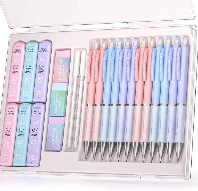 Four Candies Pastel Mechanical Pencil Set, 0.5mm & 0.7mm Point, Pack of 12 | 720 HB/2B Leads, 3 Erasers+18 Refills, Storage Case, Cute Pink/Purple/Blue Barrels, Rubber Grip, for Notes & Drawing