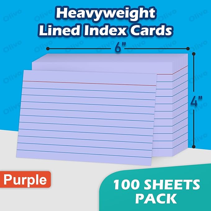 Purple Index Cards 4x6 Lined Ruled Flash Note Cards 100 Count, 220 GSM Heavy Weight
