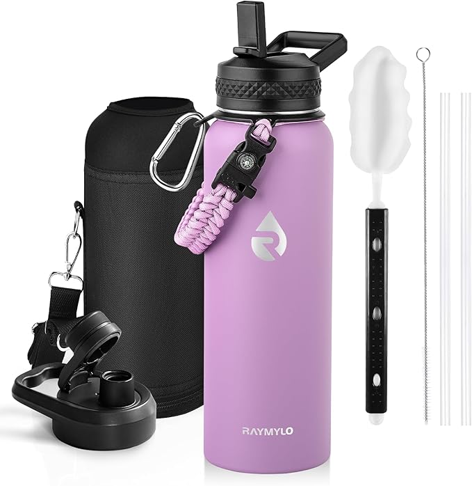 RAYMYLO Insulated Water Bottle 40 oz, Triple Wall Vacuum Stainless Steel (Cold for 36Hrs, Hot for 18Hrs), Leak Proof & Non-BPA, Modern Water Flask Jug with Paracord Handle & Straw Spout Lids