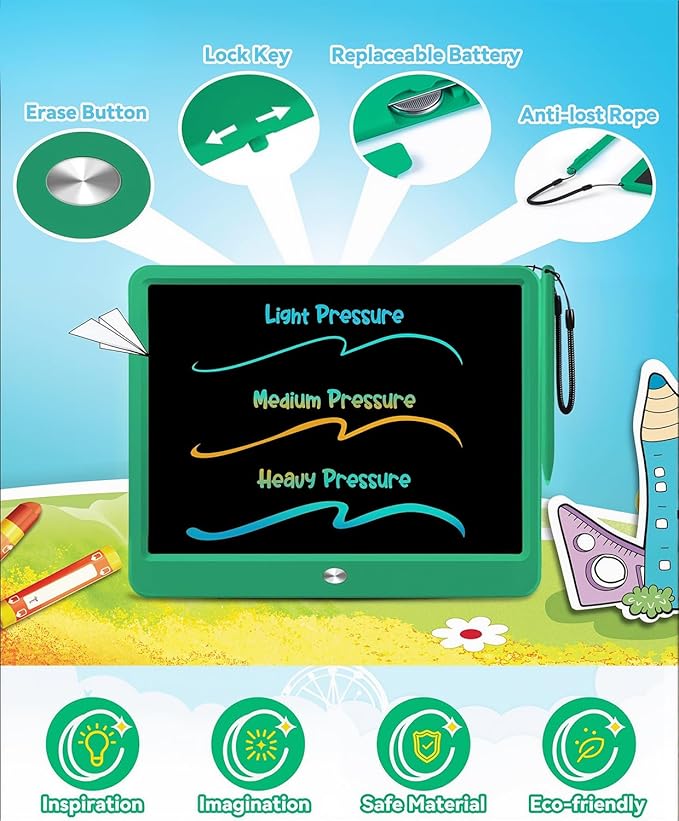 KOKODI 15 Inch LCD Writing Tablet with Anti-Lost Stylus, Erasable Doodle Board Colorful Toddler Drawing Pad, Car Travel School Games Toys for 3 4 5 6 7 8 Kids, Birthday Gift for Girls Boys Green