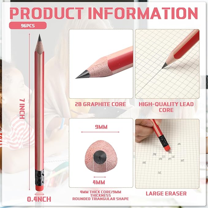 Seajan 96 Pcs 2b Jumbo Pencils, Big, Fat, Thick, Triangular Grip 7 Inch Large Pencils Refill with Eraser for Beginners Office Christmas Gifts(Red)