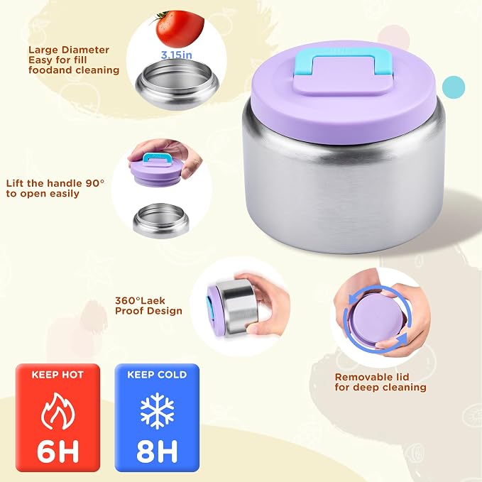 MAISON HUIS Bento Box for Kids with 8oz Soup Thermo, Insulated Lunch Bag & 17oz Water Bottle, 2-Compartment Bento Box with Built-In Ice Pack, Leak-Proof & BPA-Free (Purple)