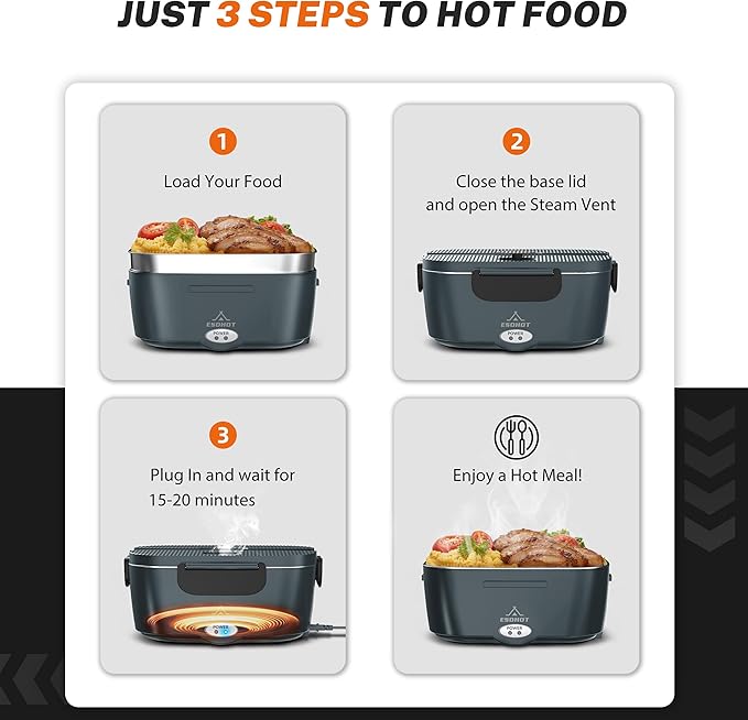 Heated Lunch Box,120W Electric Lunch Box for Adults with 1.5L 304 Stainless Steel Container, 12V/24V/110V Lonchera Eléctrica Portátil for Travel,Work,Car,Truck (Charcoal Grey, 1.5L x 4)