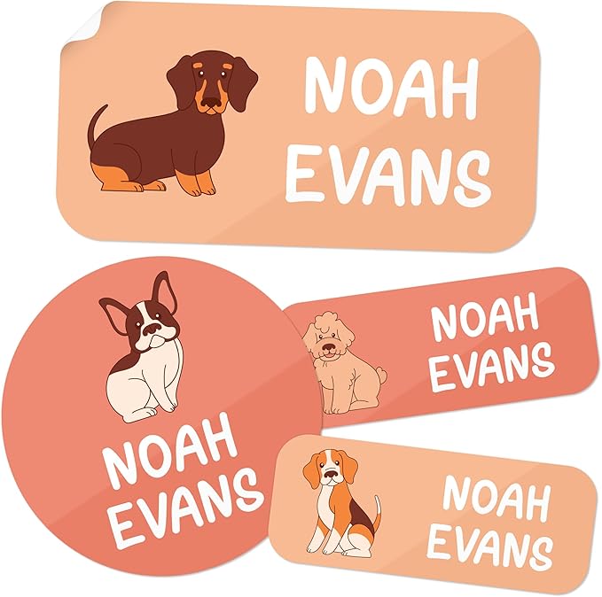 Personalized Daycare Name Labels for Kids, (130 Pack) Waterproof Custom Name Stickers for Clothing Tags, Lunch Boxes and School Supplies, Made in USA by MSC -Dogs