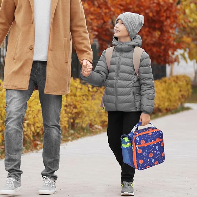 Bagseri Kids Lunch Box for Boys - Insulated Toddler Lunch Bag Fits Bento Box, Reusable Daycare Cooler Tote with Clip Handle, Water-Resistant Lining, Blue Basketball