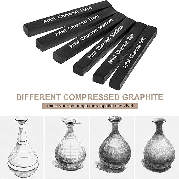 Artist Compressed Charcoal Stick Assorted Soft Medium Hard Artist Charcoal Medium for Drawing Sketching Shading, Art Supplies Sketch Kits Tools Pack of 6