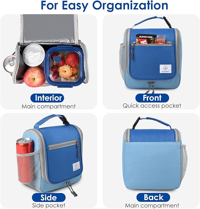 Genteen Kids Lunch Box, Insulated Lunch Bag for Kids, Toddler, Girl, and Boy; Holds Lunch Box, Water Bottle, & Snacks; Easy-Clean Water-Resistant Fabric & Multiple Zippered Pockets(Blue)