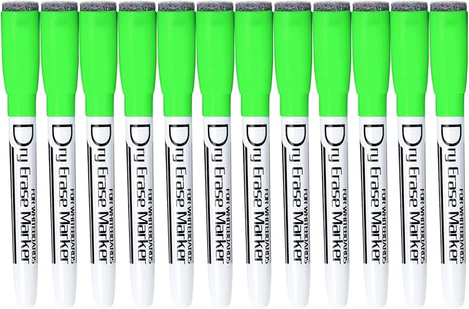 Volcanics Magnetic Dry Erase Markers With Eraser Cap Whiteboard Markers Low Odor Fine Tip Whiteboard Pens,Thin Box of 12, Green