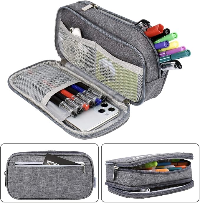 Chelory Large Capacity Pencil Case Big Pencil Bag Pouch High Storage 3 Compartments Pen Marker Holder Cases Office Stationery Organizer Supplies Makeup Bag Men Women, Gray
