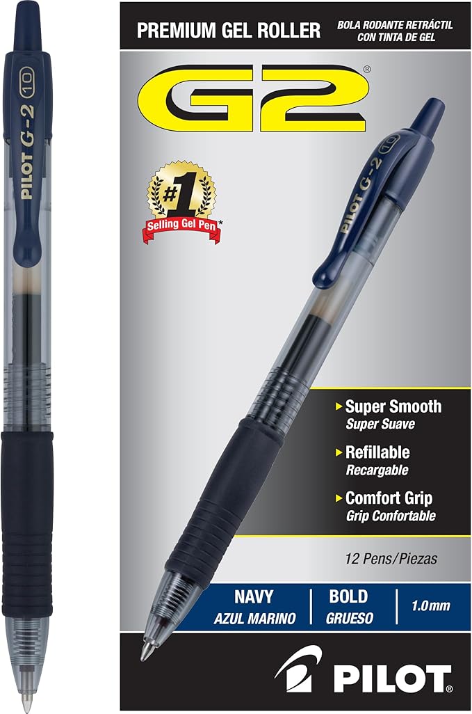 PILOT G2 Premium Refillable and Retractable Rolling Ball Gel Pens, Bold Point, Navy Blue Ink, 12-Pack (15125)