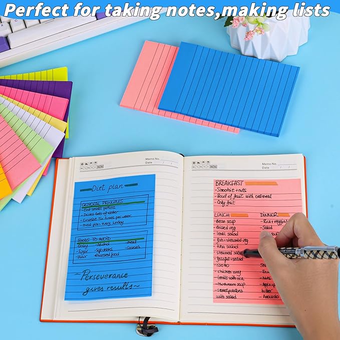 60 Pack Lined Sticky Notes Bulk 4 x 6 in Large Ruled Post Sticky Colorful Self-Stick Note Pads with Lines 12 Color Super Sticking Power Memo Pads 45 Sheets/pad for Office Home School Notebook Wall