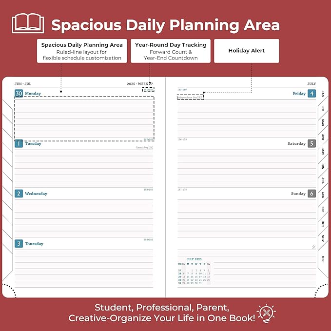Planner 2025-2026 Daily Weekly and Monthly,11.5"x8.5",18 Months Spiral Bound Calendar Agenda with Self-adhesive Pen Holder,2026 Academic Plan with Vegan Leather Soft Cover,Red
