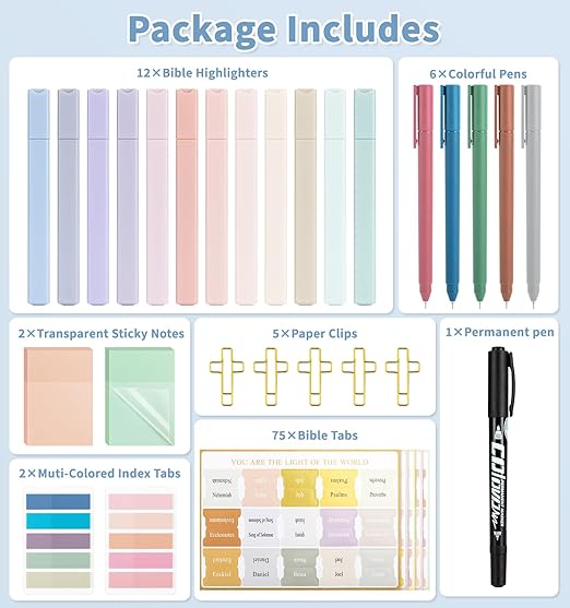 Bible Journaling Kit, Colored Bible Study Supplies, 12 Pastel No Bleed Highlighters and 5 Colored Pens, Transparent Sticky Notes and Bible Tabs Set and More, Book Annotation Kit for Women & Men