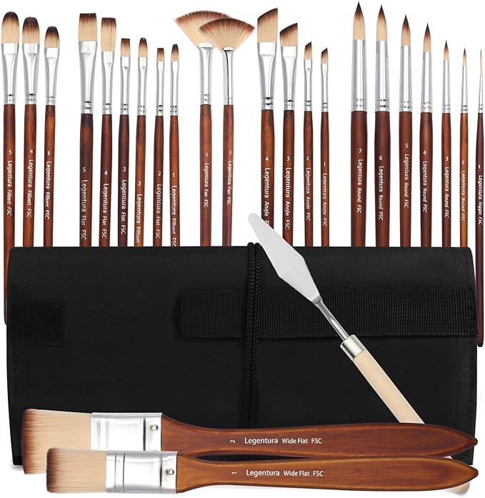 25 PCS Paint Brush Set for Acrylic, Oil & Watercolor, Artist Brush Kit with Flat, Filbert, Fan, Round, Liner, Dagger & Angle Brushes, Synthetic Bristles, Roll-Up Case
